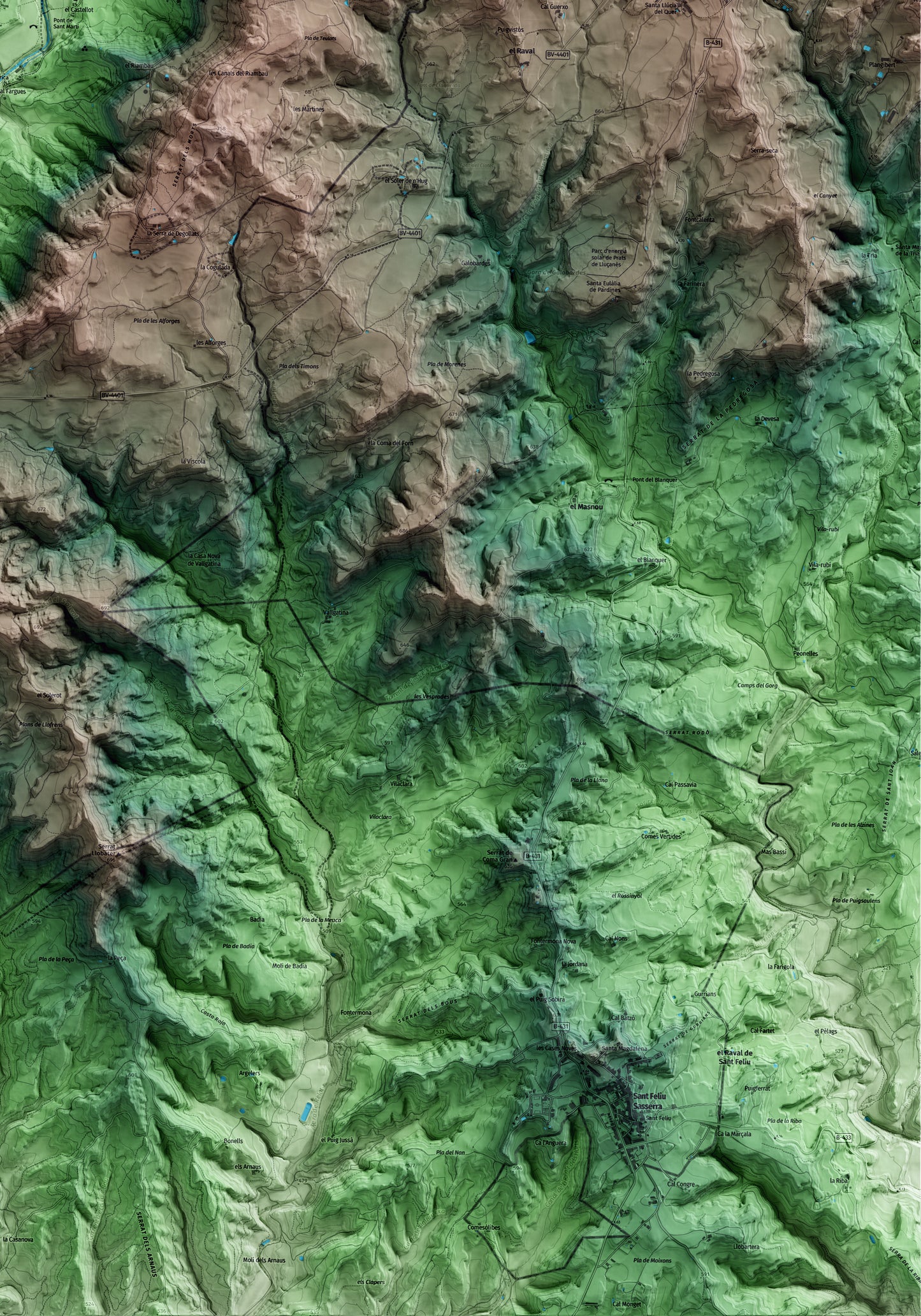 Mapa artístico del relieve de Santa Maria de Merlès, al Berguedà, con 15 km de entorno y base topográfica ICGC. Detalle de la zona inferior derecha.