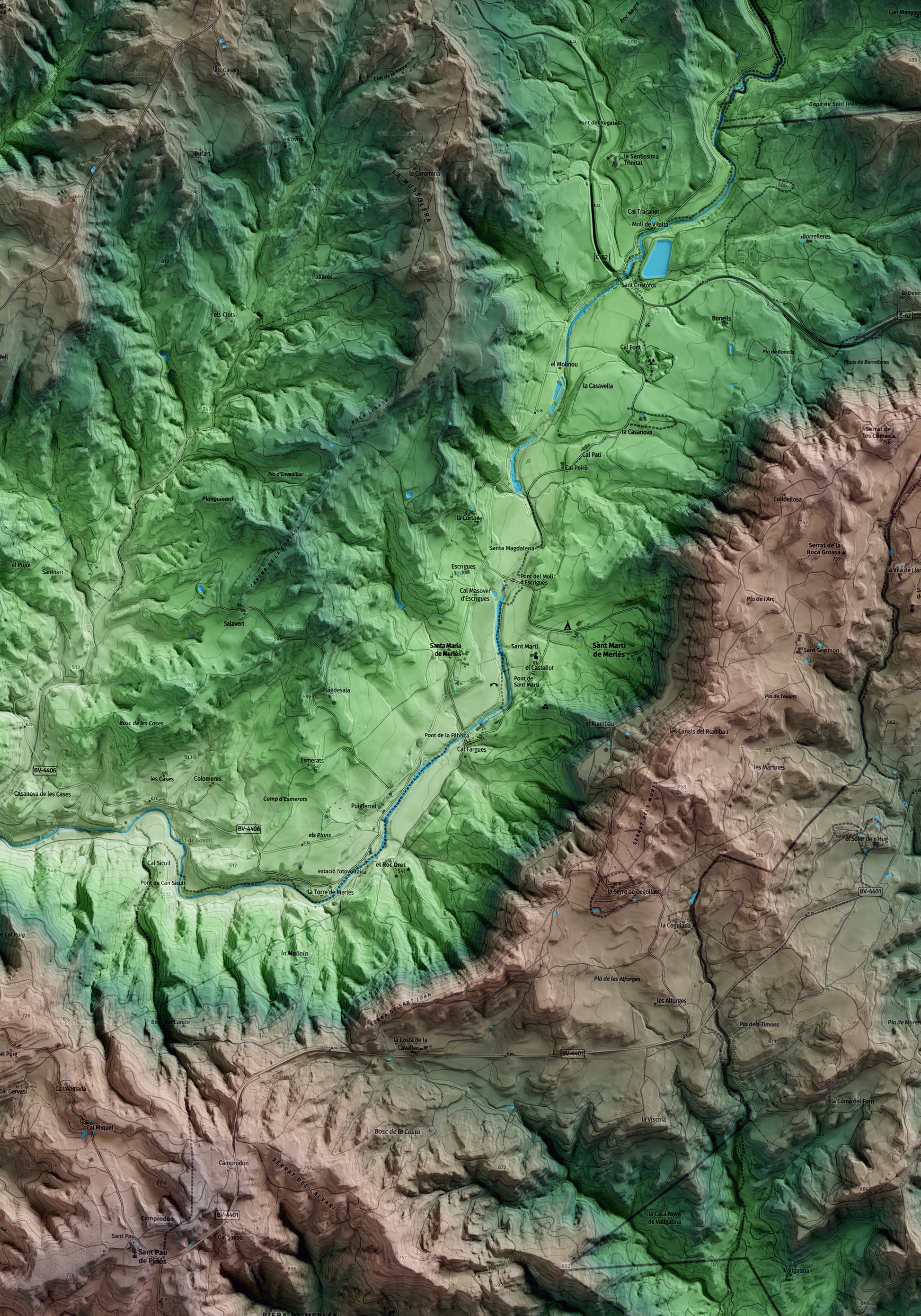 Mapa artístico del relieve de Santa Maria de Merlès, al Berguedà, con 15 km de entorno y base topográfica ICGC. Detalle de la zona central.