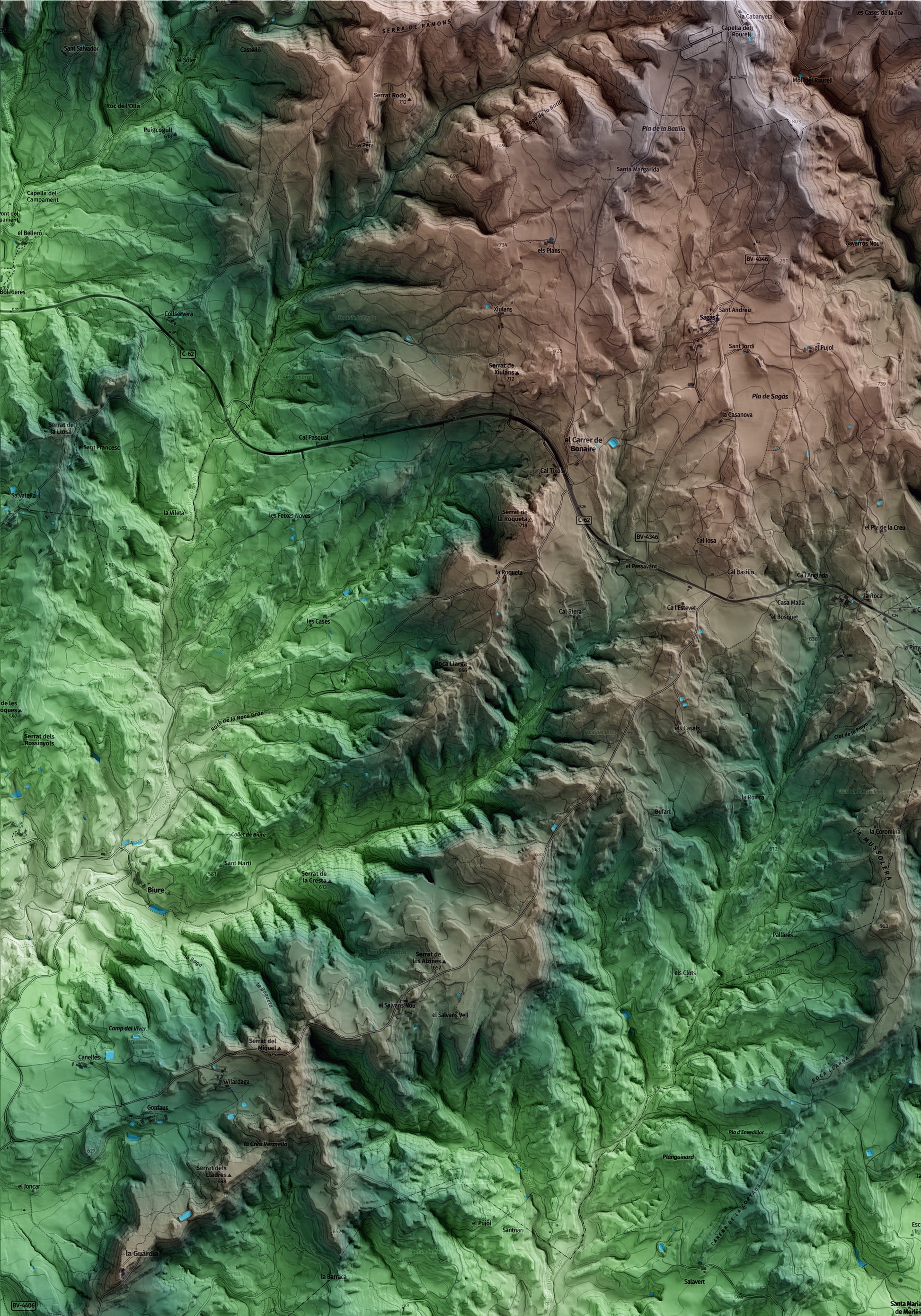 Mapa artístico del relieve de Santa Maria de Merlès, al Berguedà, con 15 km de entorno y base topográfica ICGC. Detalle de la zona superior izquierda.
