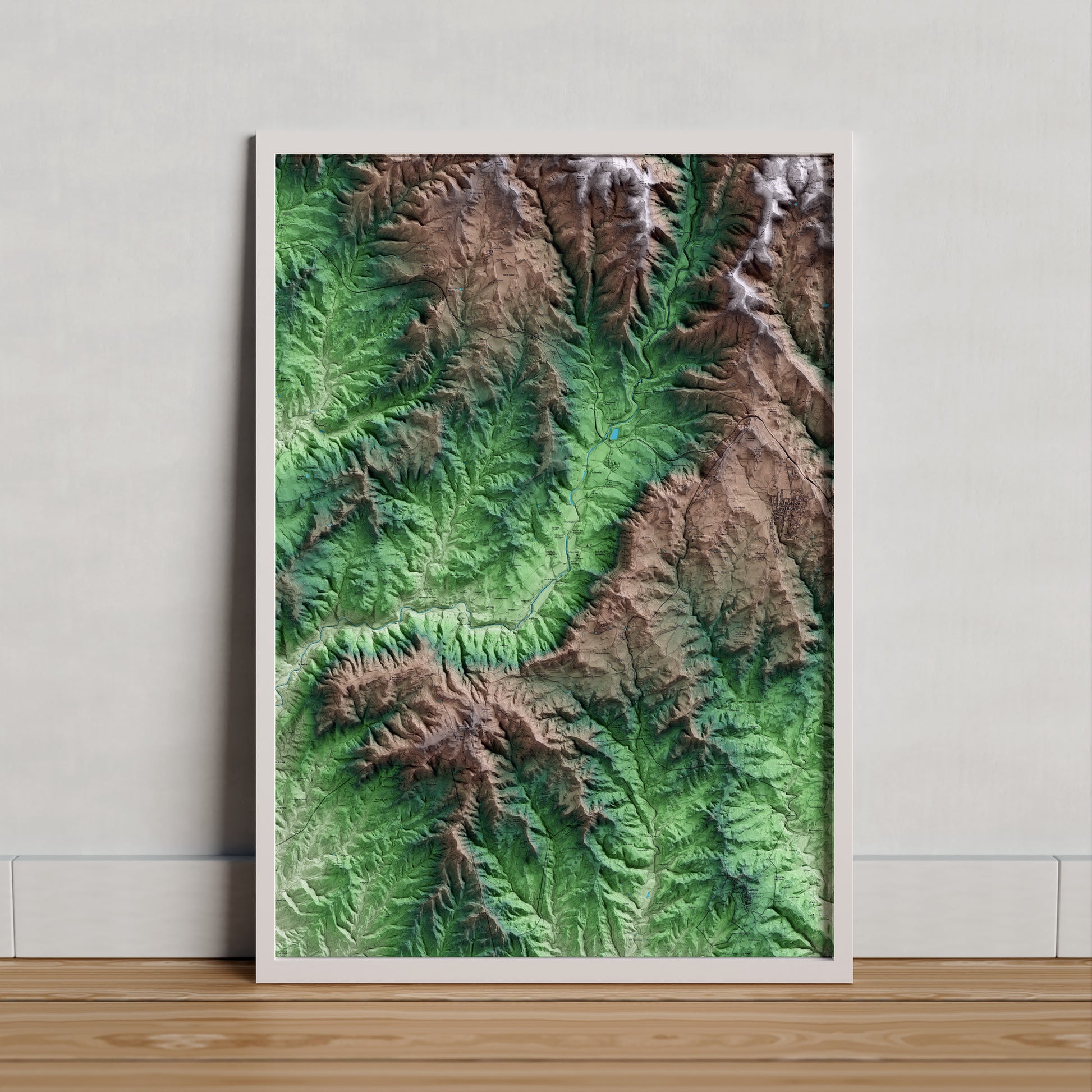 Mapa artístico del relieve de Santa Maria de Merlès, al Berguedà, con 15 km de entorno y base topográfica ICGC. Presentación enmarcada.
