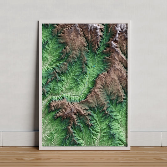 Mapa artístico del relieve de Santa Maria de Merlès, al Berguedà, con 15 km de entorno y base topográfica ICGC. Presentación enmarcada.
