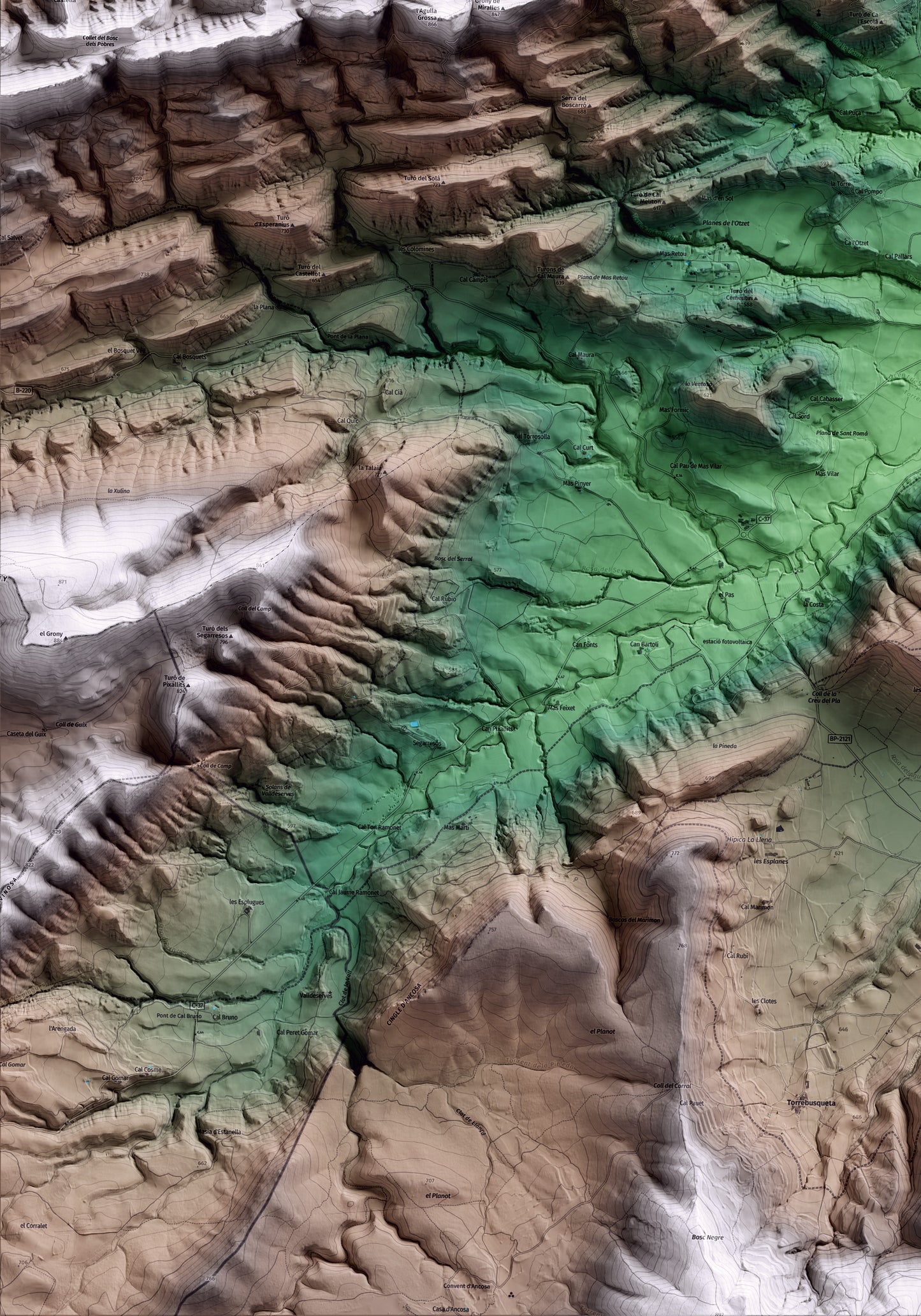 Mapa artístico del relieve de Santa Maria de Miralles, al Anoia, con 15 km de entorno y base topográfica ICGC. Detalle de la zona inferior izquierda.