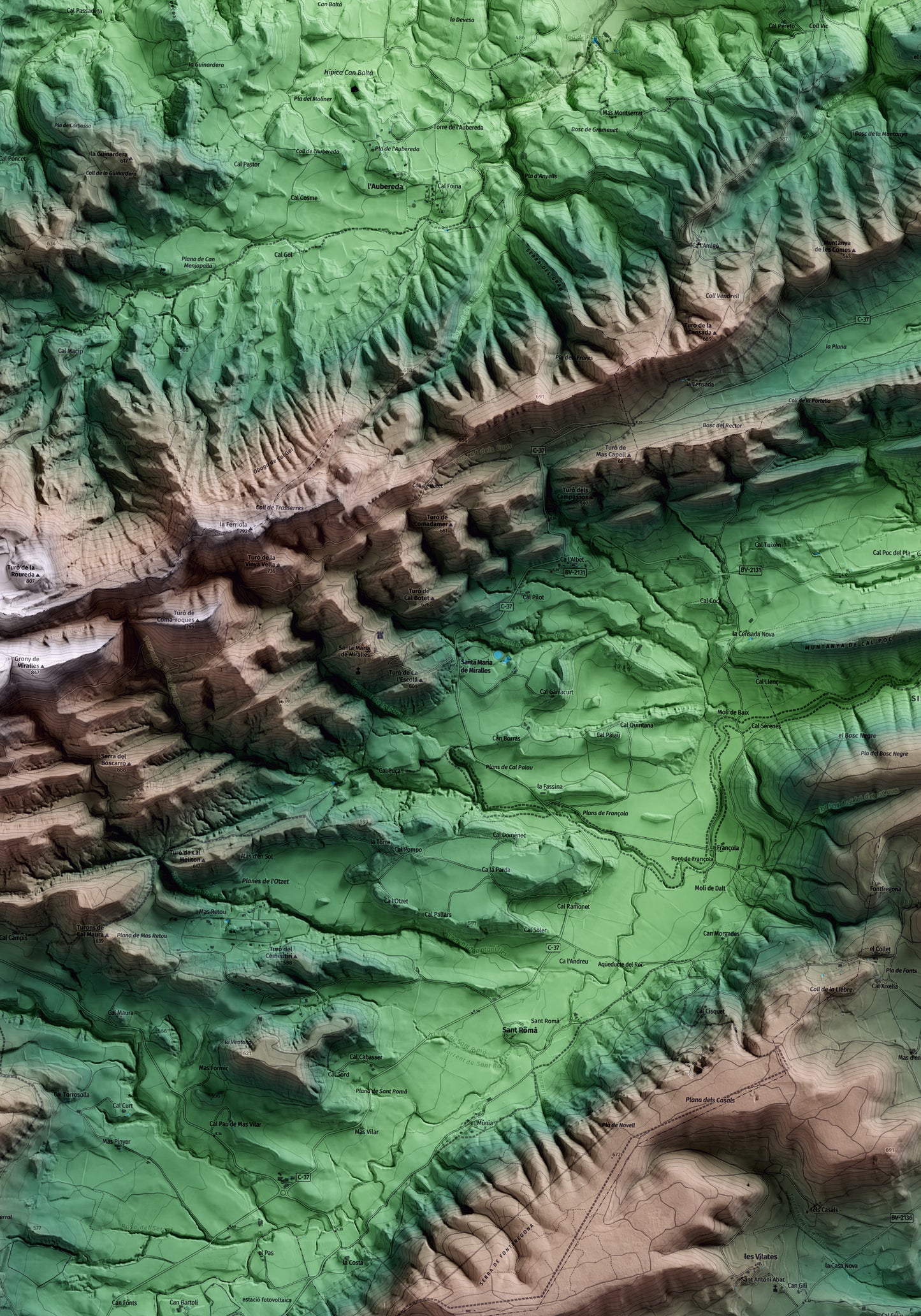 Mapa artístico del relieve de Santa Maria de Miralles, al Anoia, con 15 km de entorno y base topográfica ICGC. Detalle de la zona central.