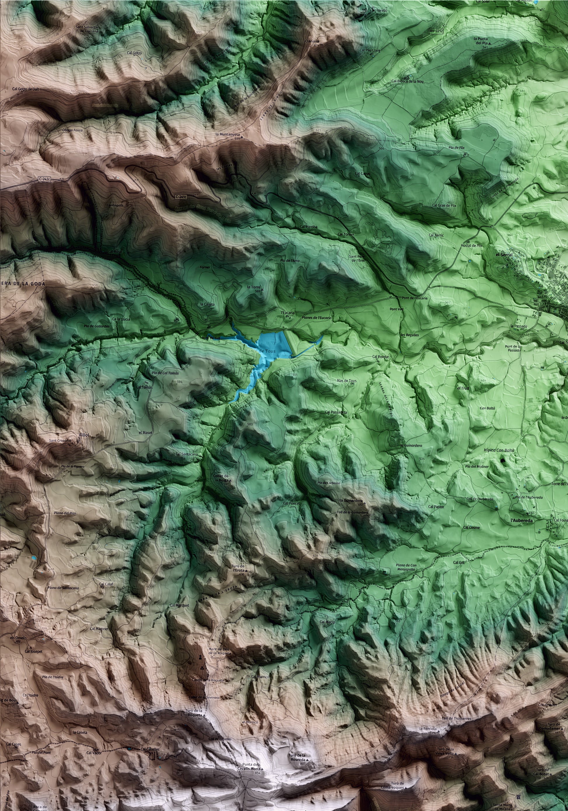 Mapa artístico del relieve de Santa Maria de Miralles, al Anoia, con 15 km de entorno y base topográfica ICGC. Detalle de la zona superior izquierda.