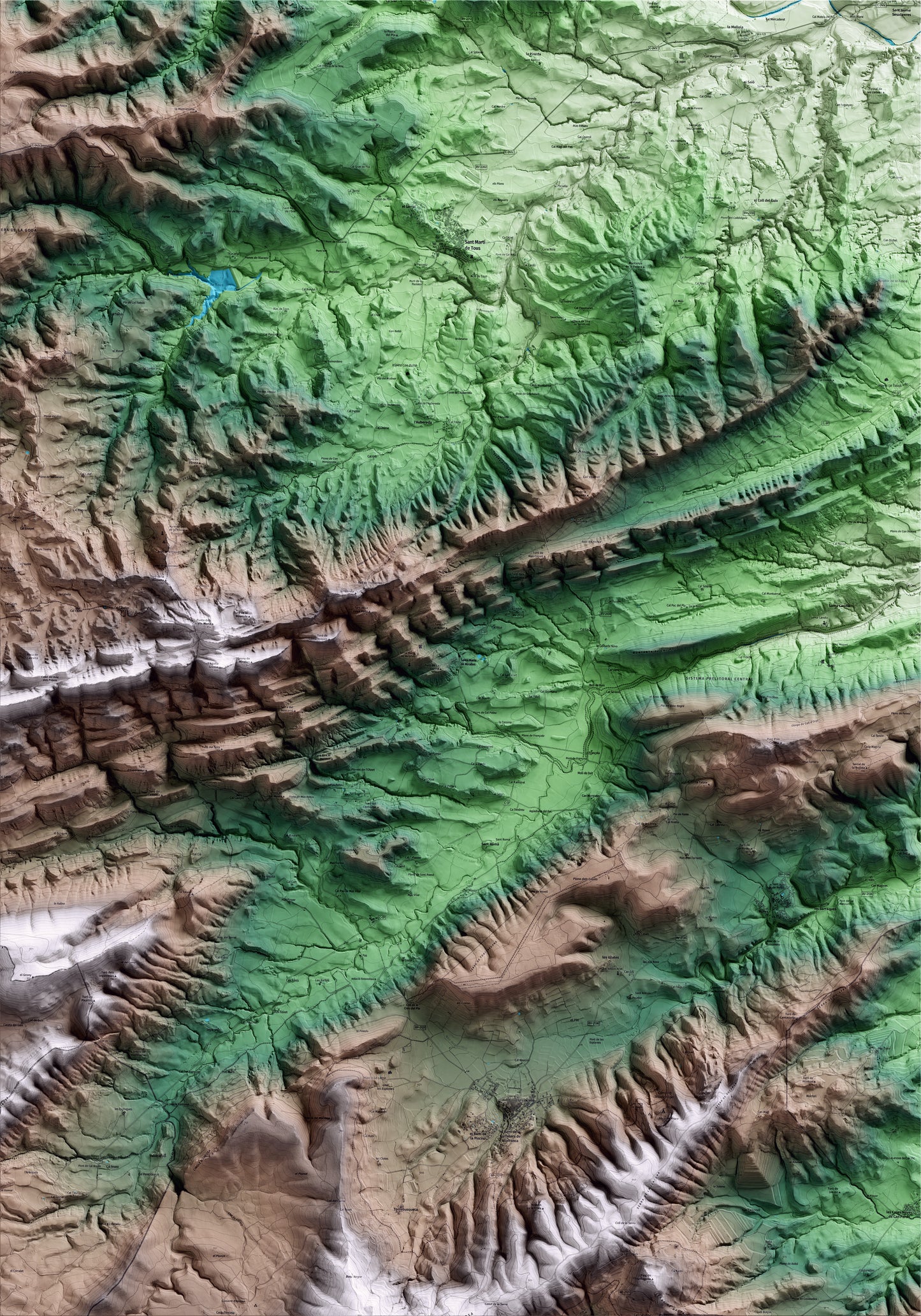 Mapa artístico del relieve de Santa Maria de Miralles, al Anoia, con 15 km de entorno y base topográfica ICGC