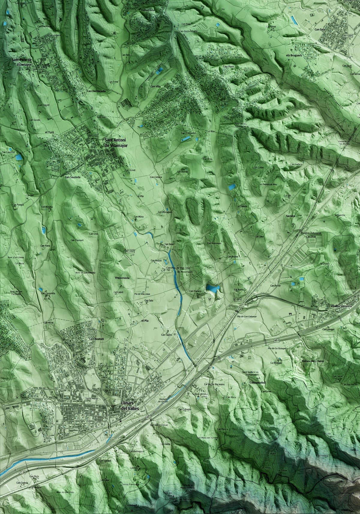 Mapa artístico del relieve de Santa Maria de Palautordera, al Vallès Oriental, con 15 km de entorno y base topográfica ICGC. Detalle de la zona inferior izquierda.