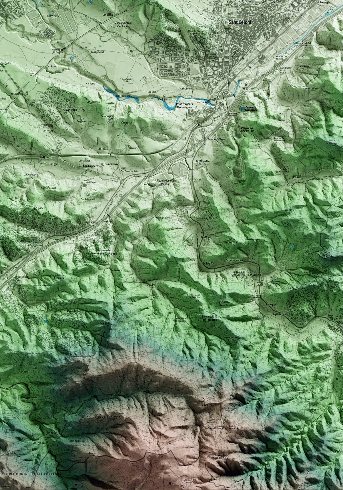 Mapa artístico del relieve de Santa Maria de Palautordera, al Vallès Oriental, con 15 km de entorno y base topográfica ICGC. Detalle de la zona inferior derecha.
