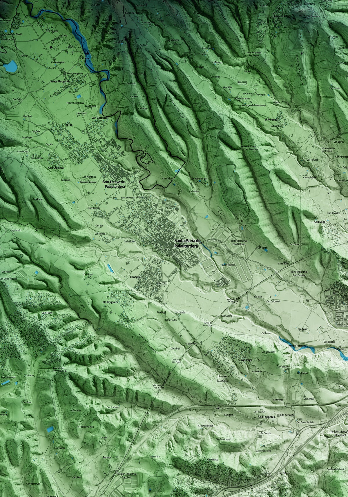 Mapa artístico del relieve de Santa Maria de Palautordera, al Vallès Oriental, con 15 km de entorno y base topográfica ICGC. Detalle de la zona central.