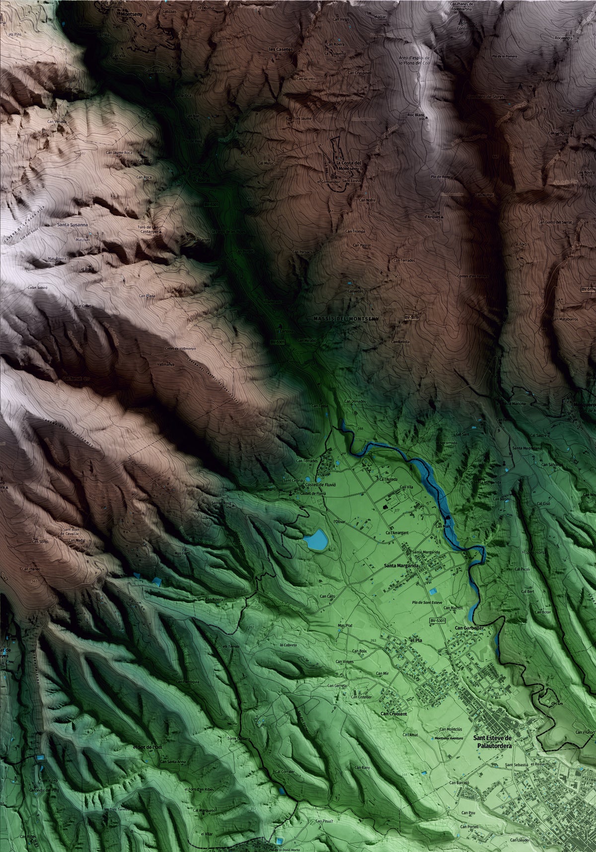 Mapa artístico del relieve de Santa Maria de Palautordera, al Vallès Oriental, con 15 km de entorno y base topográfica ICGC. Detalle de la zona superior izquierda.