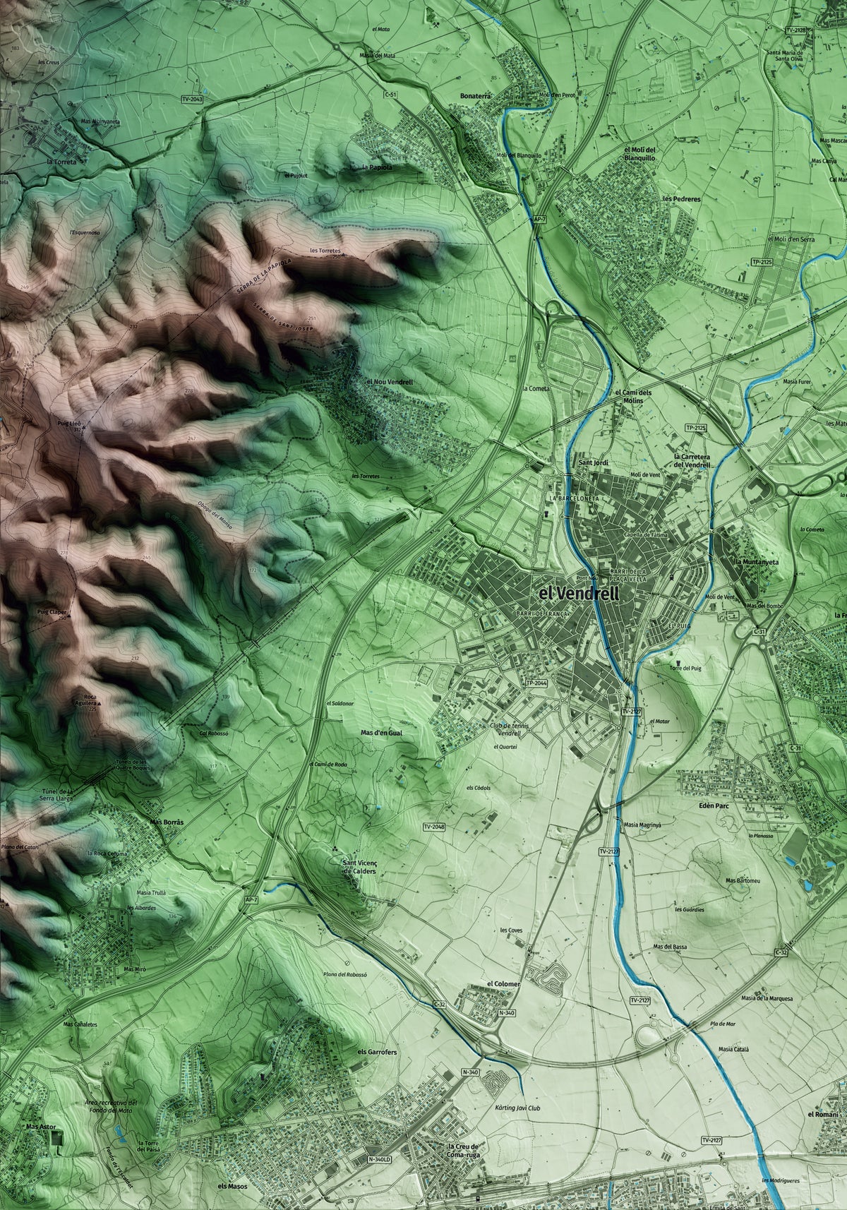 Mapa artístico del relieve de Santa Oliva, al Baix Penedès, con 15 km de entorno y base topográfica ICGC. Detalle de la zona inferior izquierda.