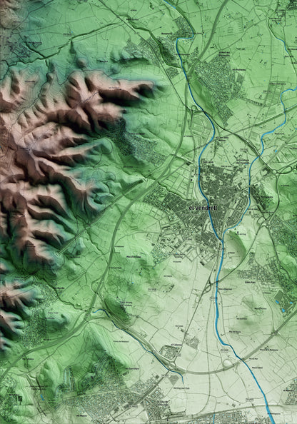 Mapa artístico del relieve de Santa Oliva, al Baix Penedès, con 15 km de entorno y base topográfica ICGC. Detalle de la zona inferior izquierda.