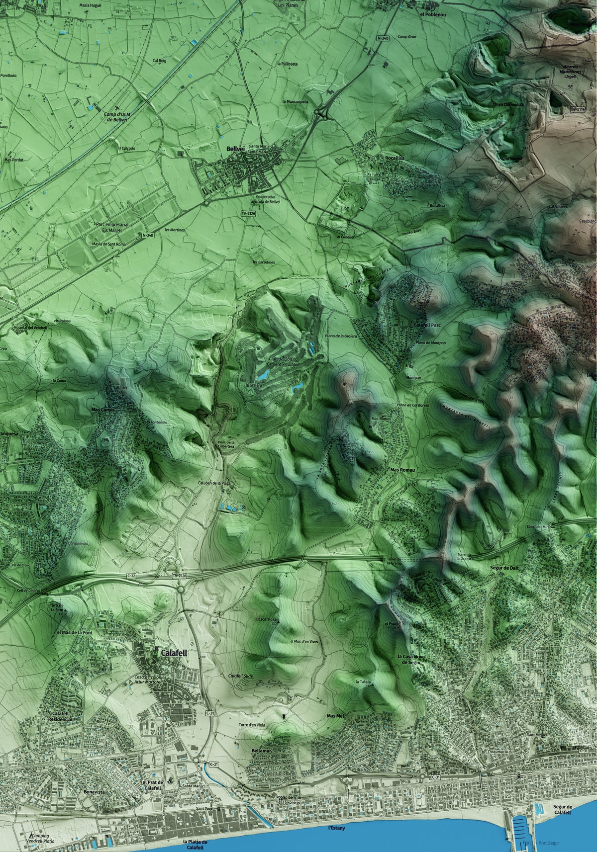 Mapa artístico del relieve de Santa Oliva, al Baix Penedès, con 15 km de entorno y base topográfica ICGC. Detalle de la zona inferior derecha.