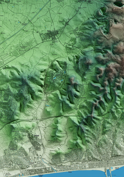 Mapa artístico del relieve de Santa Oliva, al Baix Penedès, con 15 km de entorno y base topográfica ICGC. Detalle de la zona inferior derecha.