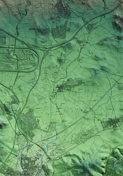 Mapa artístico del relieve de Santa Oliva, al Baix Penedès, con 15 km de entorno y base topográfica ICGC. Detalle de la zona central.