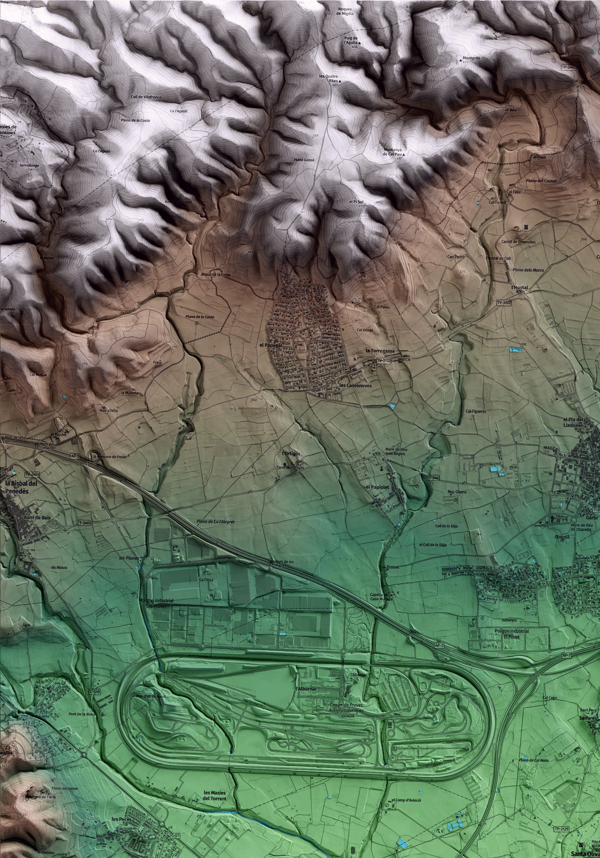 Mapa artístico del relieve de Santa Oliva, al Baix Penedès, con 15 km de entorno y base topográfica ICGC. Detalle de la zona superior izquierda.