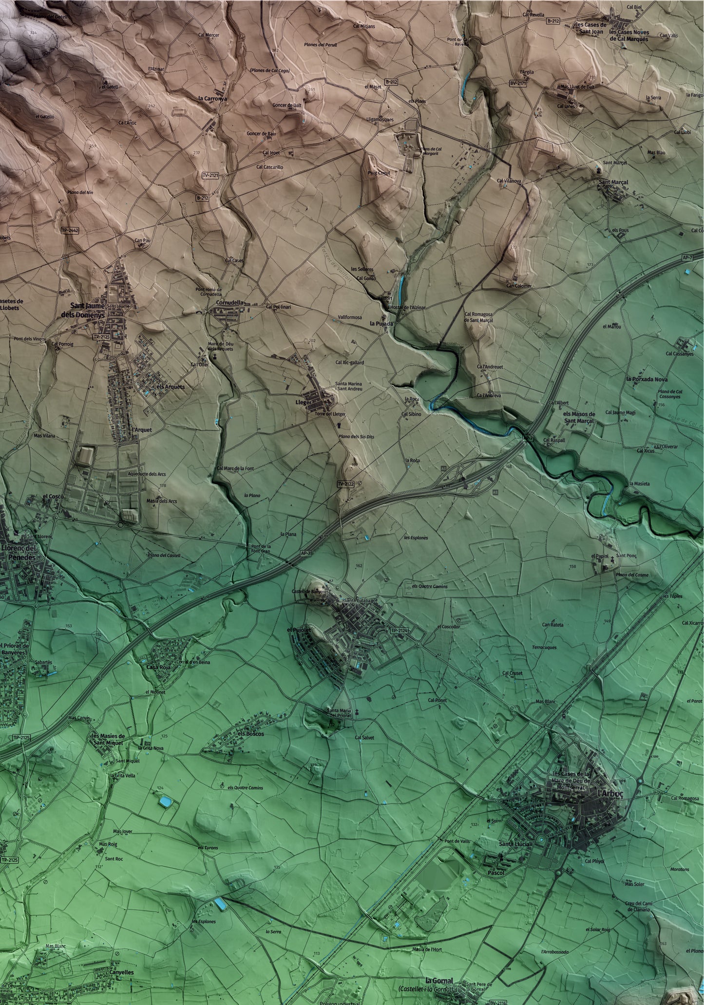 Mapa artístico del relieve de Santa Oliva, al Baix Penedès, con 15 km de entorno y base topográfica ICGC. Detalle de la zona superior derecha.