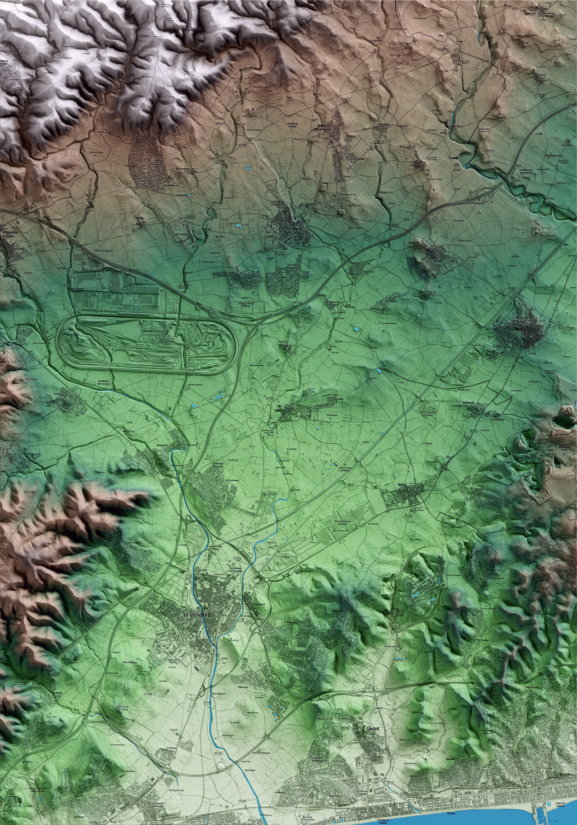 Mapa artístico del relieve de Santa Oliva, al Baix Penedès, con 15 km de entorno y base topográfica ICGC