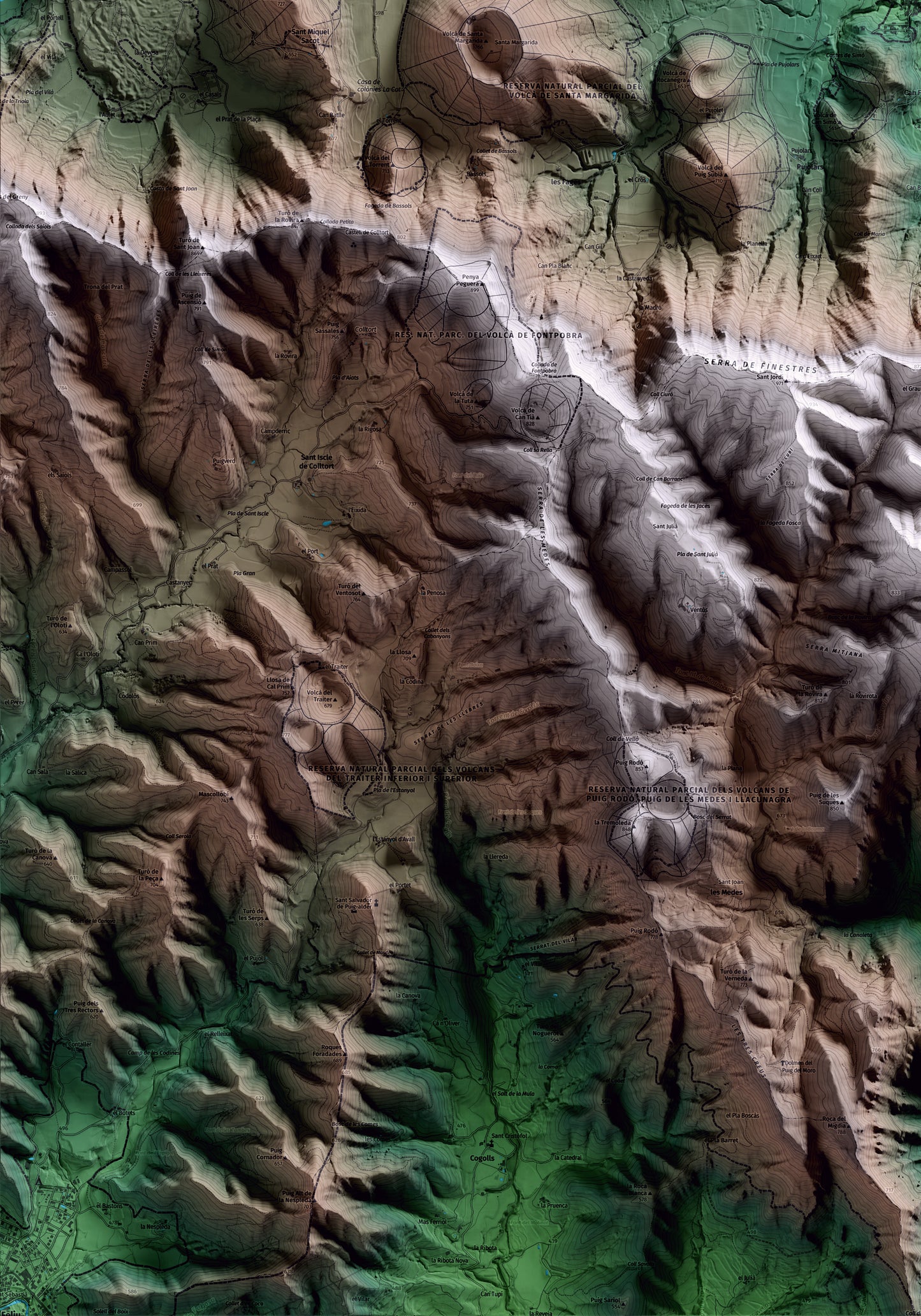 Mapa artístico del relieve de Santa Pau, a la Garrotxa, con 15 km de entorno y base topográfica ICGC. Detalle de la zona inferior izquierda.