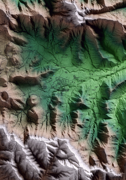 Mapa artístico del relieve de Santa Pau, a la Garrotxa, con 15 km de entorno y base topográfica ICGC. Detalle de la zona central.