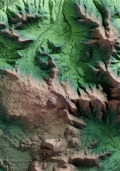 Mapa artístico del relieve de Santa Pau, a la Garrotxa, con 15 km de entorno y base topográfica ICGC. Detalle de la zona superior izquierda.
