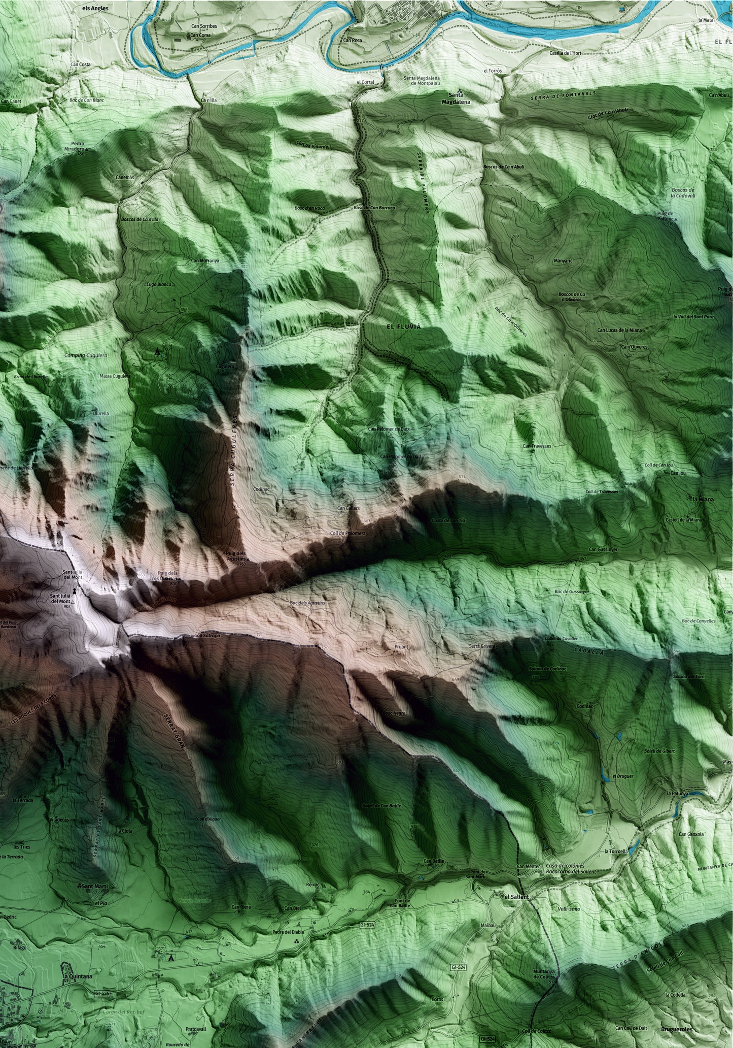 Mapa artístico del relieve de Santa Pau, a la Garrotxa, con 15 km de entorno y base topográfica ICGC. Detalle de la zona superior derecha.