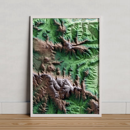 Mapa artístico del relieve de Santa Pau, a la Garrotxa, con 15 km de entorno y base topográfica ICGC. Presentación enmarcada.