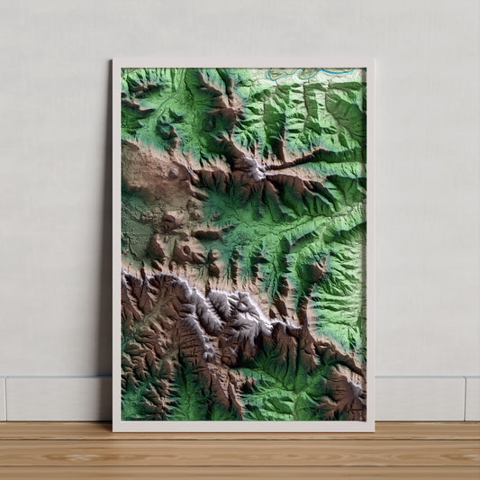 Mapa artístico del relieve de Santa Pau, a la Garrotxa, con 15 km de entorno y base topográfica ICGC. Presentación enmarcada.