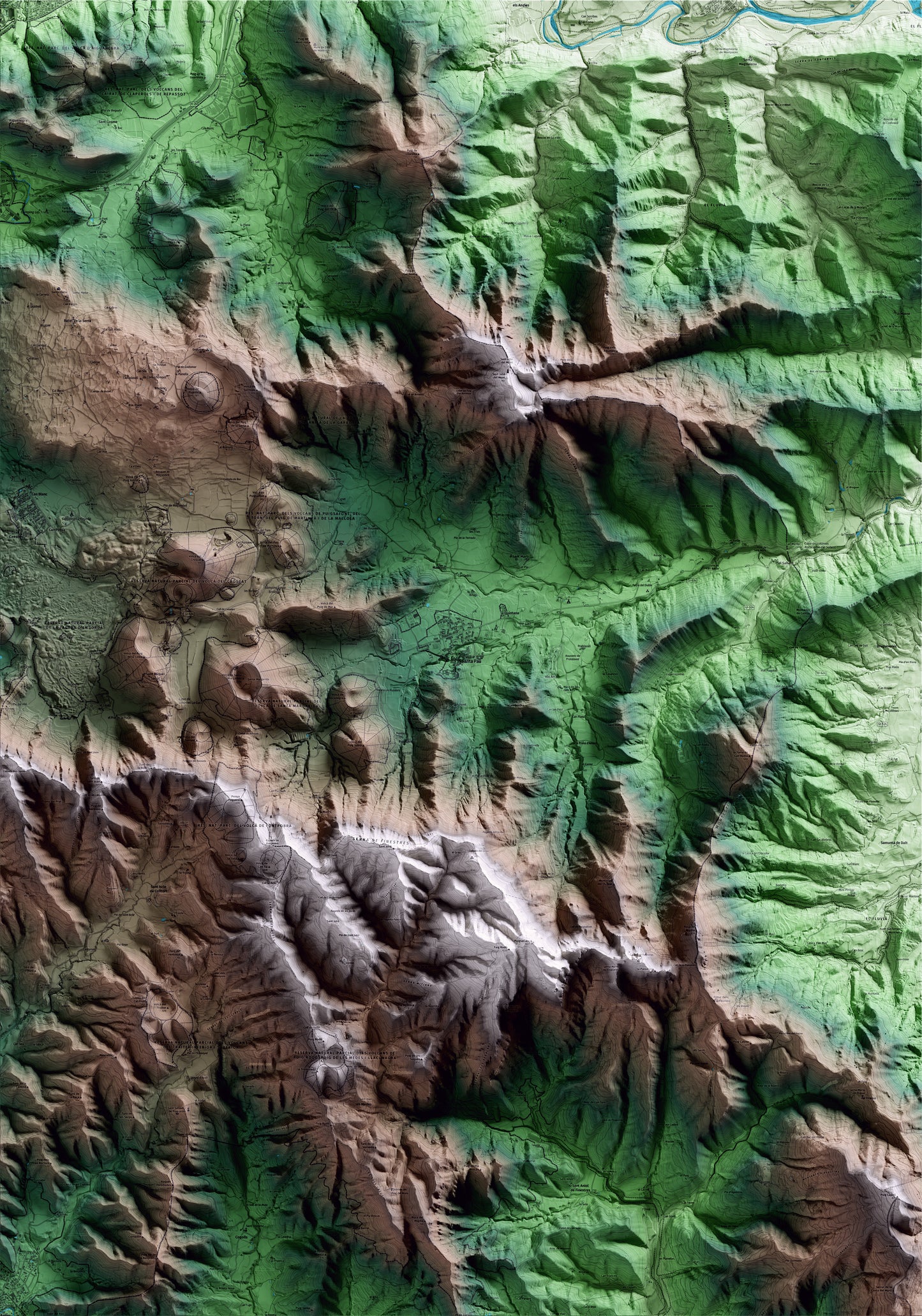 Mapa artístico del relieve de Santa Pau, a la Garrotxa, con 15 km de entorno y base topográfica ICGC