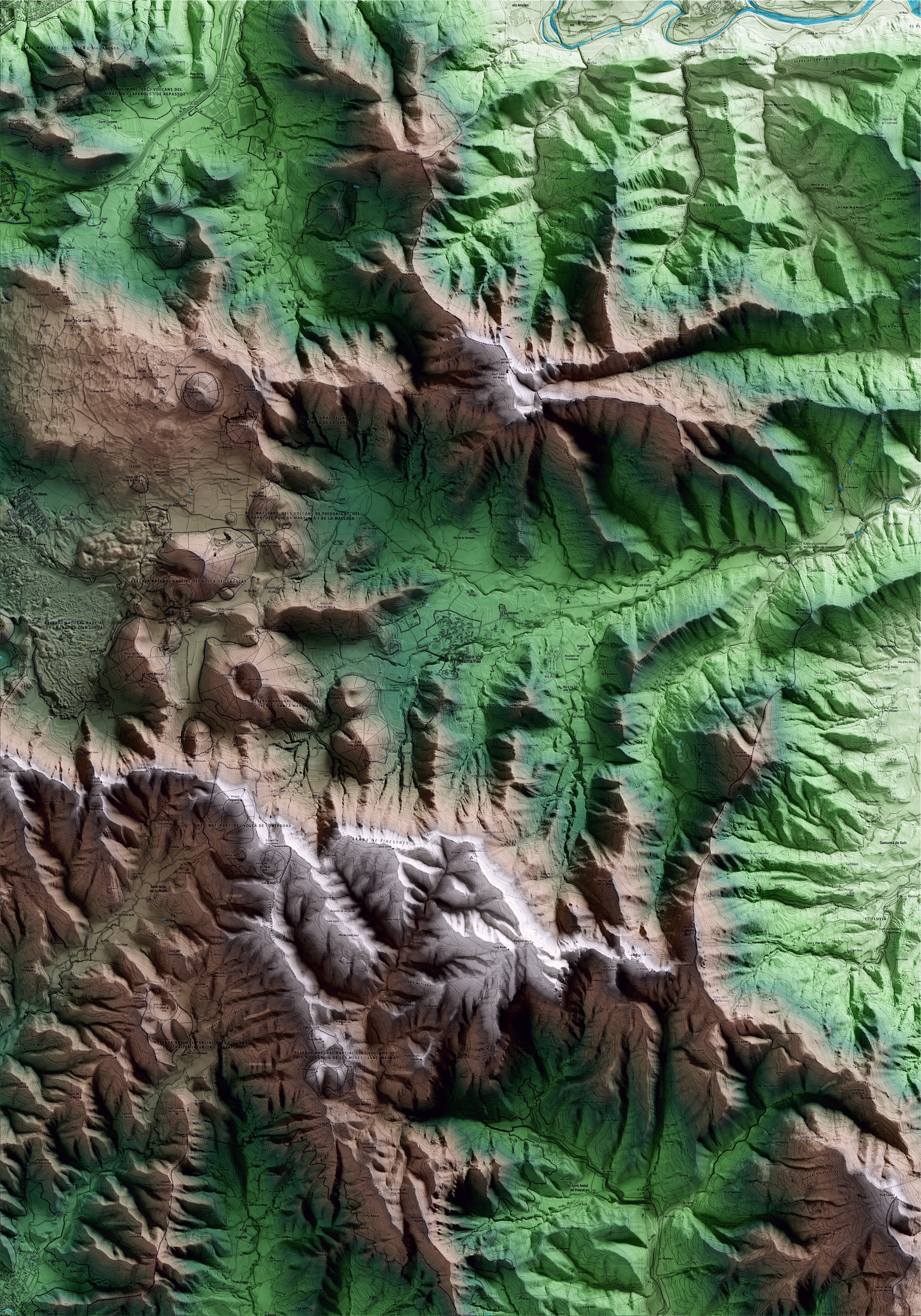 Mapa artístico del relieve de Santa Pau, a la Garrotxa, con 15 km de entorno y base topográfica ICGC