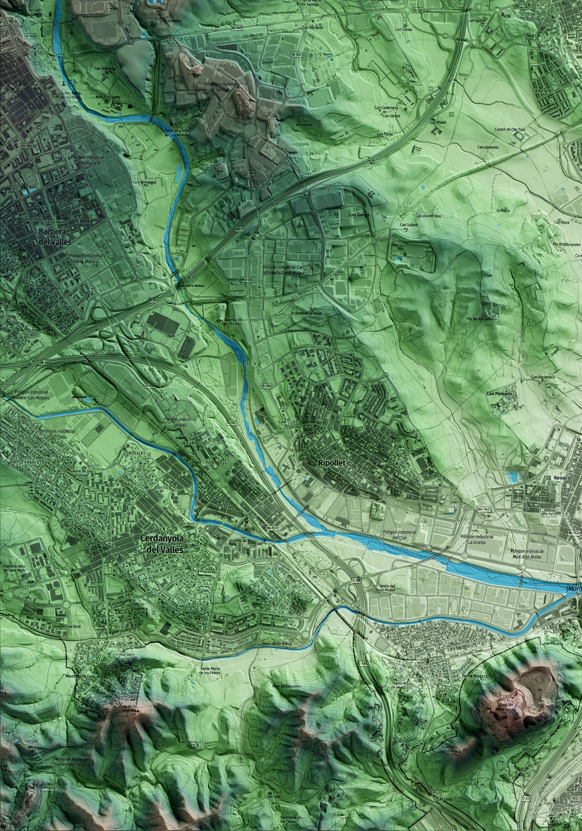 Mapa artístico del relieve de Santa Perpètua de Mogoda, al Vallès Occidental, con 15 km de entorno y base topográfica ICGC. Detalle de la zona inferior izquierda.