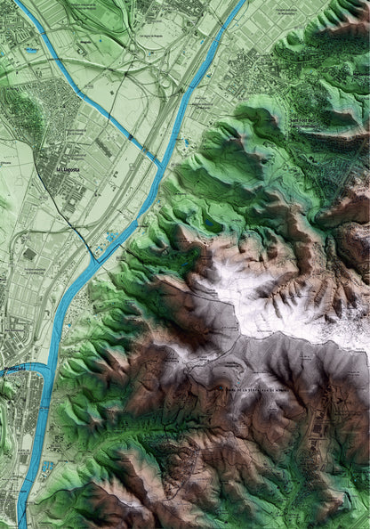 Mapa artístico del relieve de Santa Perpètua de Mogoda, al Vallès Occidental, con 15 km de entorno y base topográfica ICGC. Detalle de la zona inferior derecha.