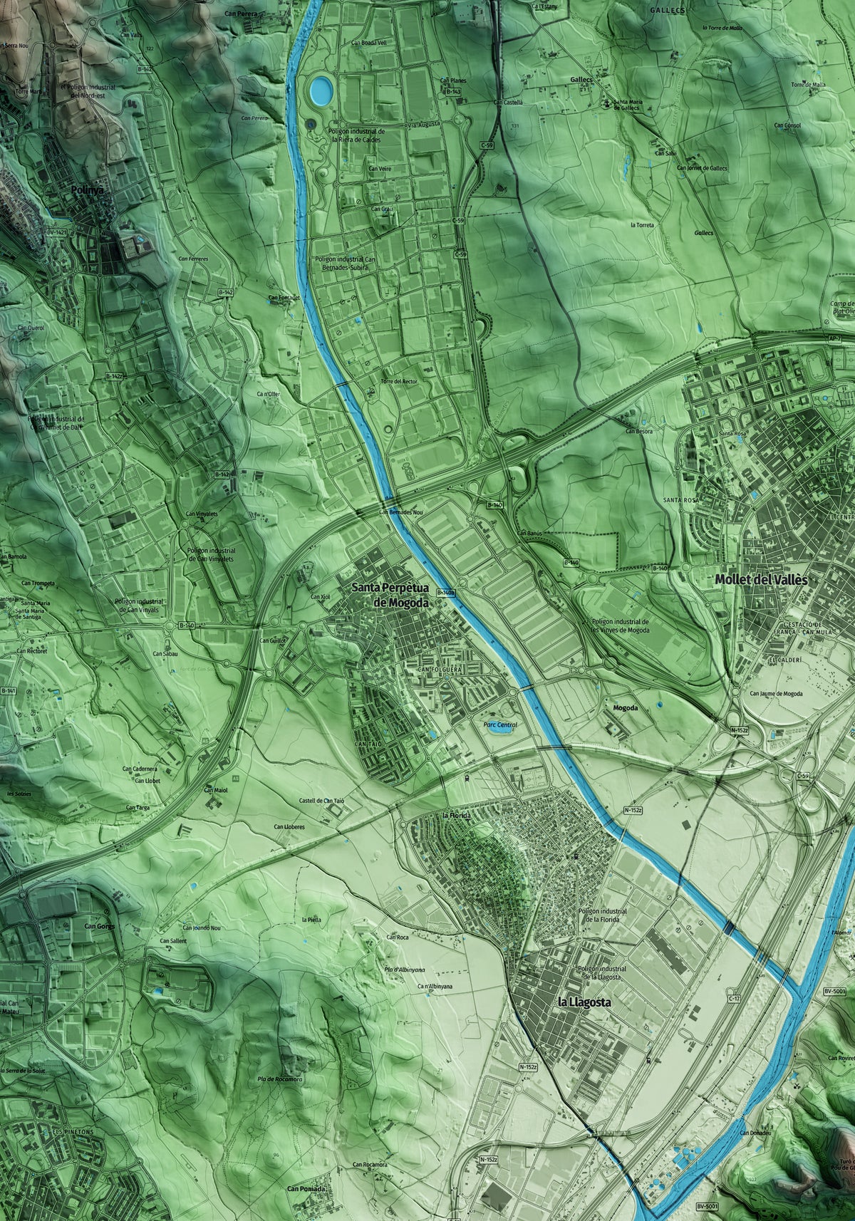Mapa artístico del relieve de Santa Perpètua de Mogoda, al Vallès Occidental, con 15 km de entorno y base topográfica ICGC. Detalle de la zona central.