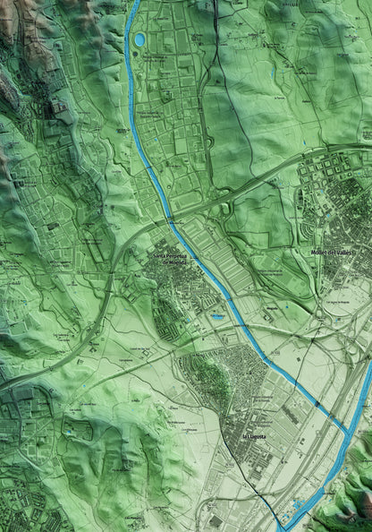 Mapa artístico del relieve de Santa Perpètua de Mogoda, al Vallès Occidental, con 15 km de entorno y base topográfica ICGC. Detalle de la zona central.