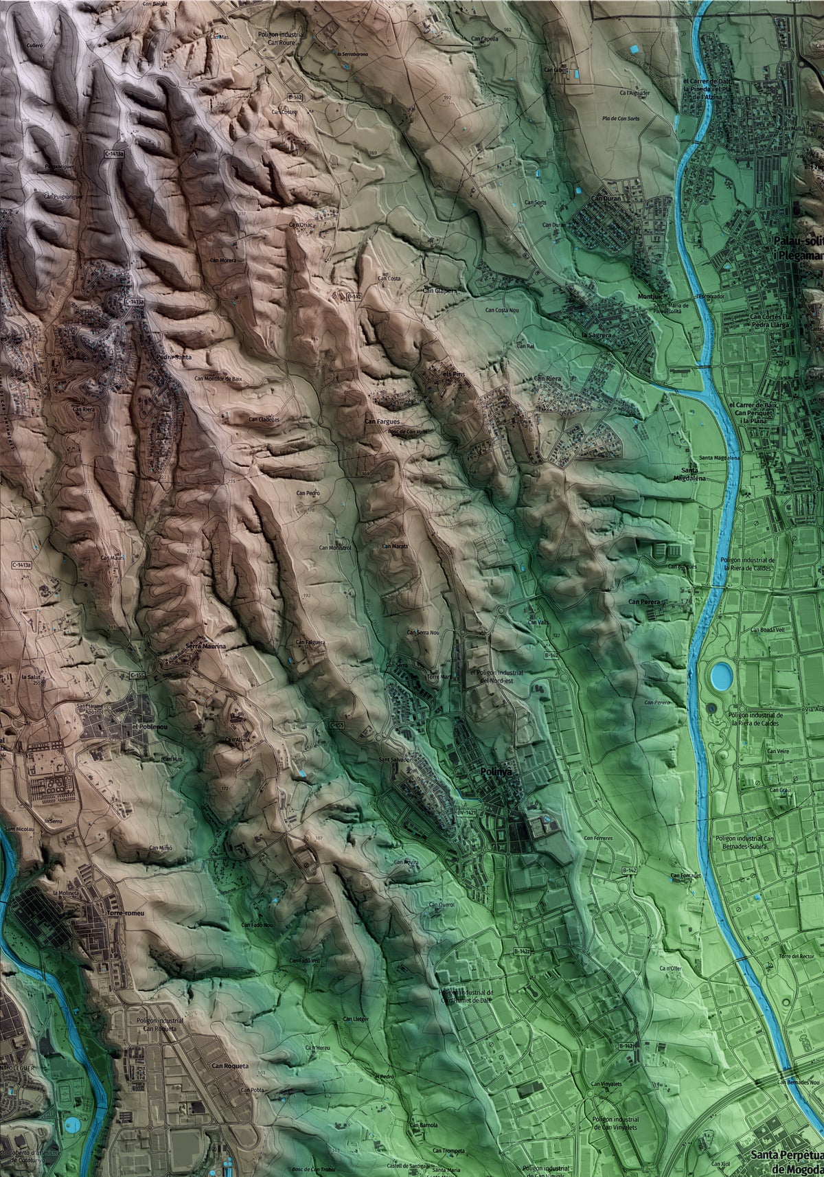 Mapa artístico del relieve de Santa Perpètua de Mogoda, al Vallès Occidental, con 15 km de entorno y base topográfica ICGC. Detalle de la zona superior izquierda.