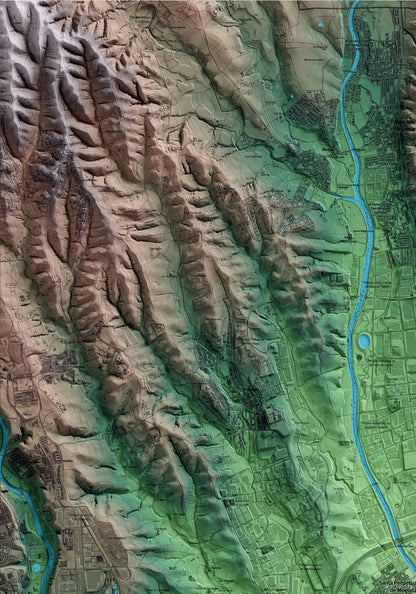 Mapa artístico del relieve de Santa Perpètua de Mogoda, al Vallès Occidental, con 15 km de entorno y base topográfica ICGC. Detalle de la zona superior izquierda.