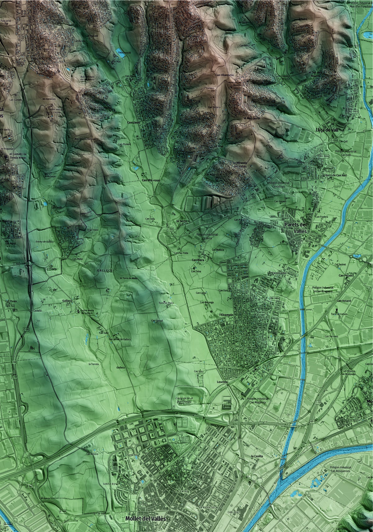 Mapa artístico del relieve de Santa Perpètua de Mogoda, al Vallès Occidental, con 15 km de entorno y base topográfica ICGC. Detalle de la zona superior derecha.