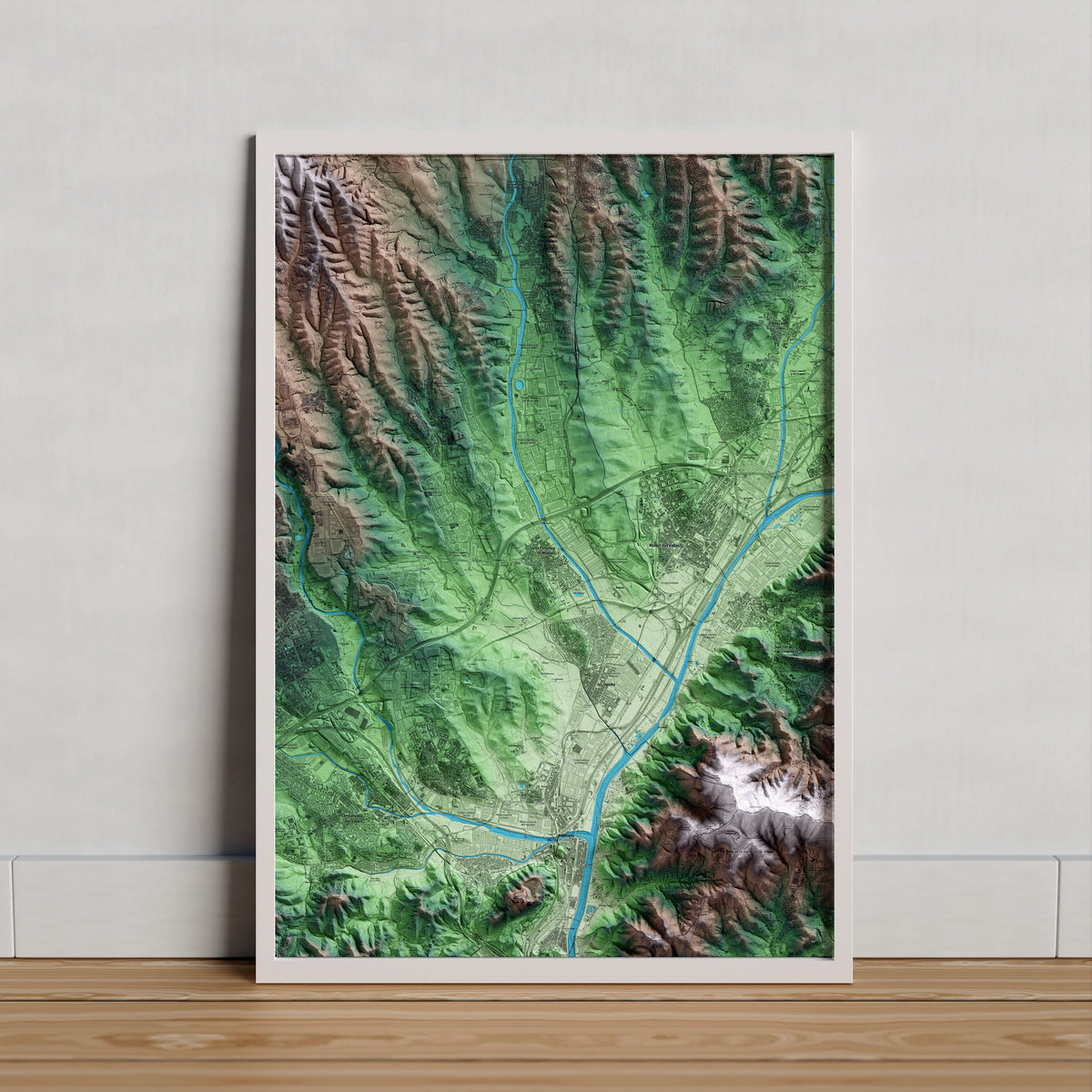 Mapa artístico del relieve de Santa Perpètua de Mogoda, al Vallès Occidental, con 15 km de entorno y base topográfica ICGC. Presentación enmarcada.