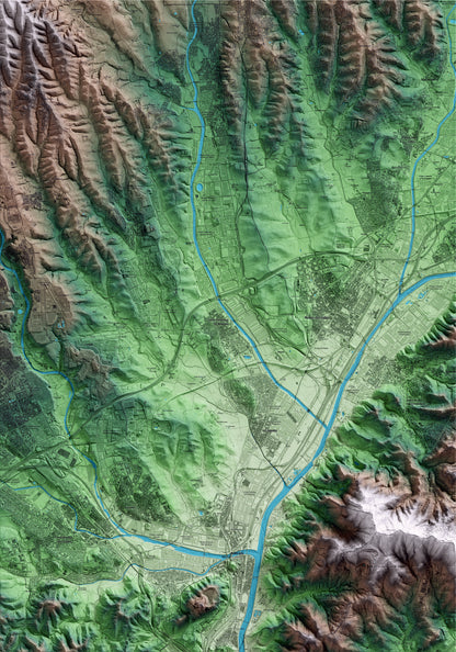 Mapa artístico del relieve de Santa Perpètua de Mogoda, al Vallès Occidental, con 15 km de entorno y base topográfica ICGC