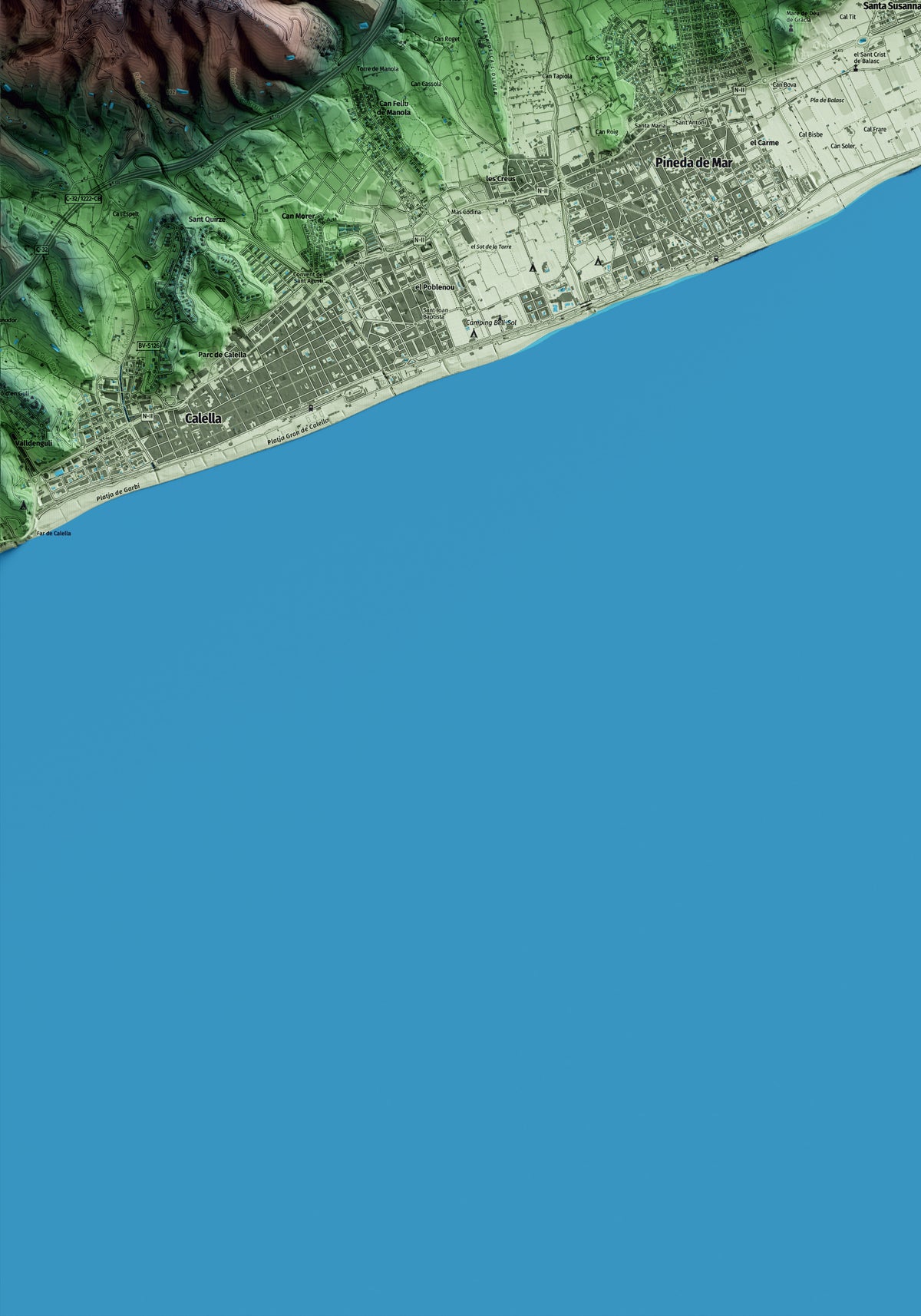 Mapa artístico del relieve de Santa Susanna, al Maresme, con 15 km de entorno y base topográfica ICGC. Detalle de la zona inferior izquierda.