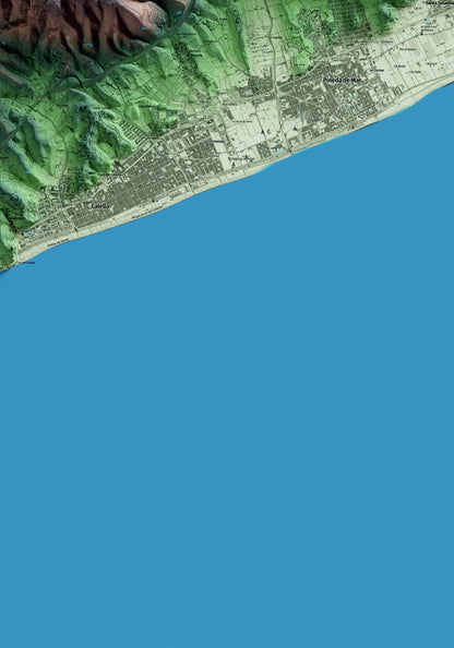 Mapa artístico del relieve de Santa Susanna, al Maresme, con 15 km de entorno y base topográfica ICGC. Detalle de la zona inferior izquierda.