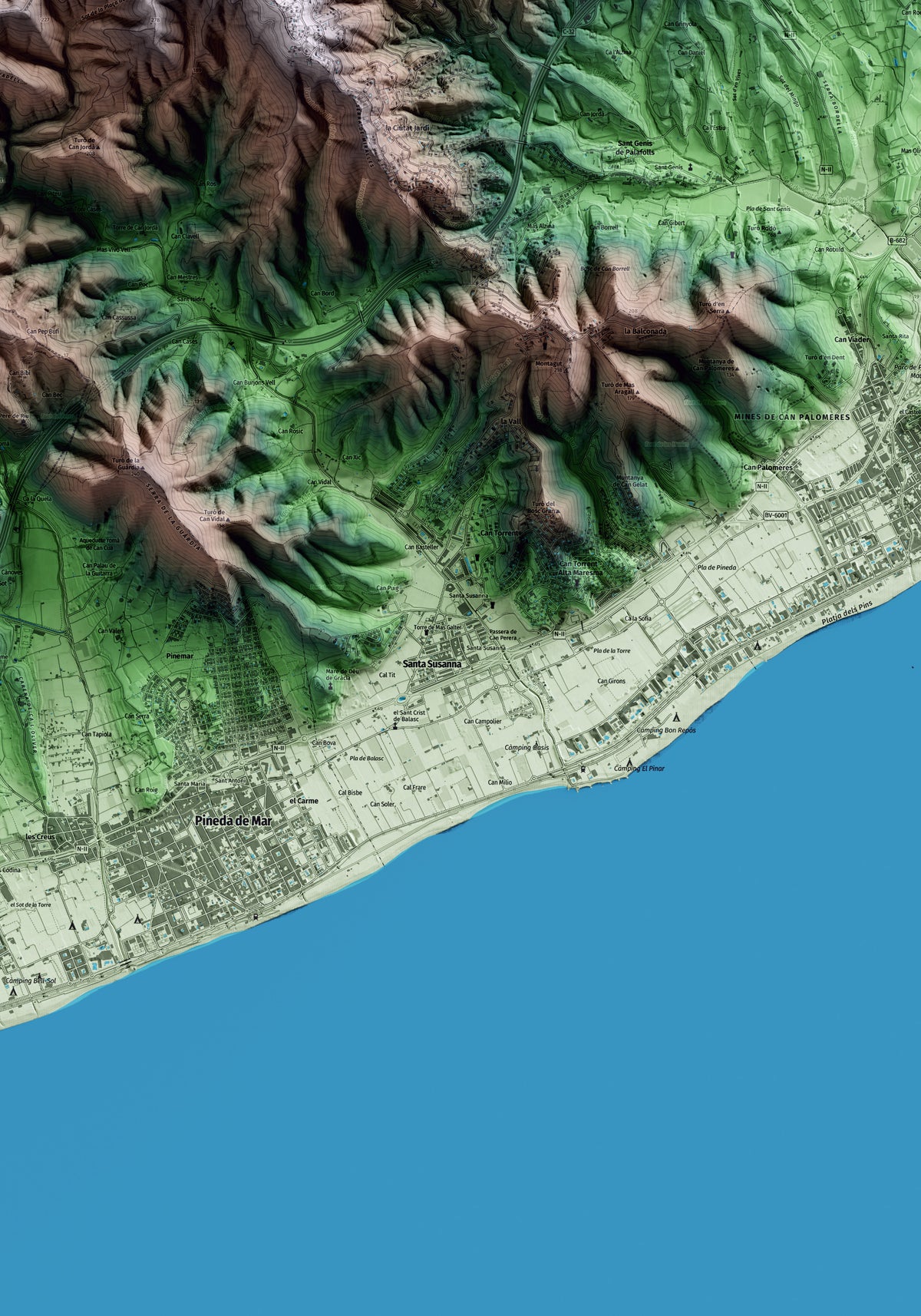 Mapa artístico del relieve de Santa Susanna, al Maresme, con 15 km de entorno y base topográfica ICGC. Detalle de la zona central.