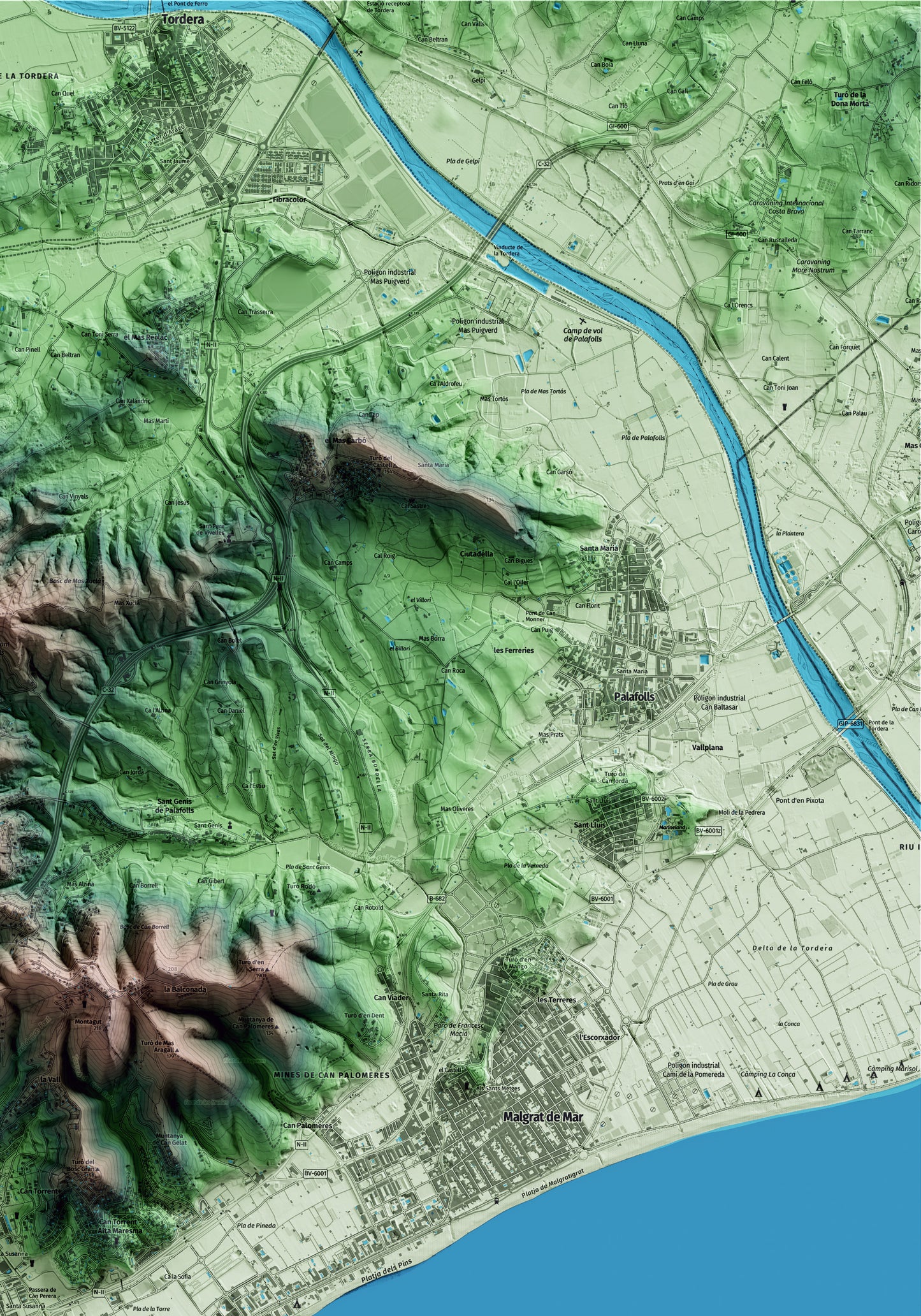 Mapa artístico del relieve de Santa Susanna, al Maresme, con 15 km de entorno y base topográfica ICGC. Detalle de la zona superior derecha.