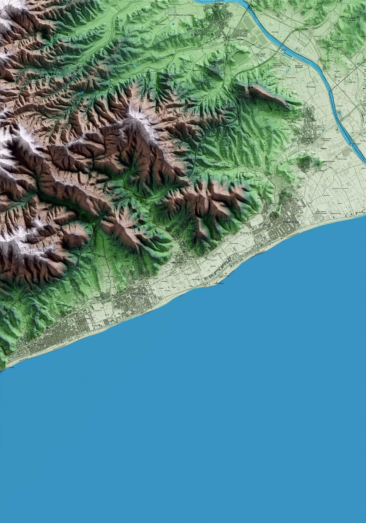 Mapa artístico del relieve de Santa Susanna, al Maresme, con 15 km de entorno y base topográfica ICGC