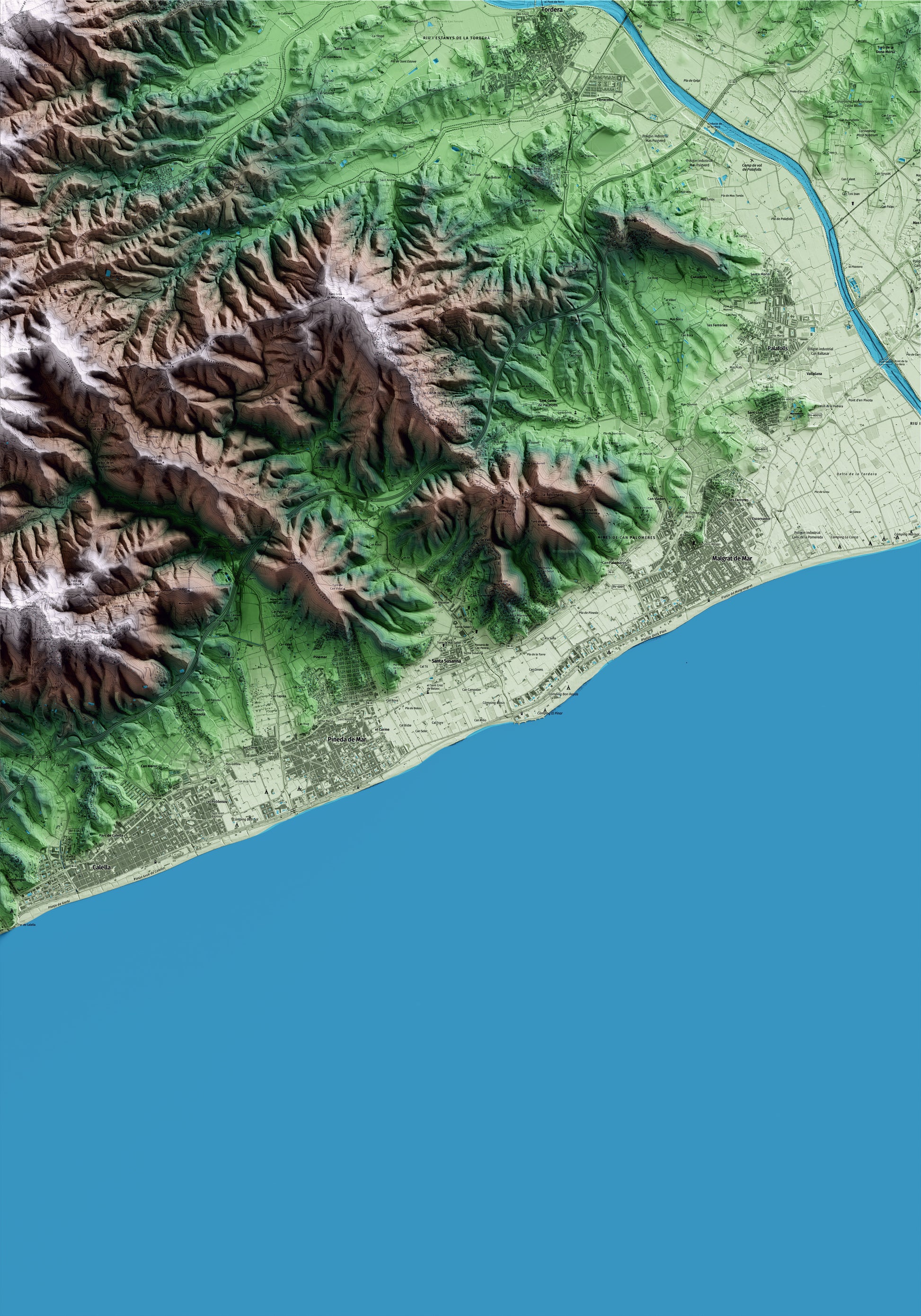Mapa artístico del relieve de Santa Susanna, al Maresme, con 15 km de entorno y base topográfica ICGC