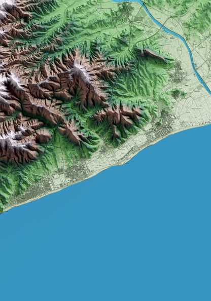 Mapa artístico del relieve de Santa Susanna, al Maresme, con 15 km de entorno y base topográfica ICGC