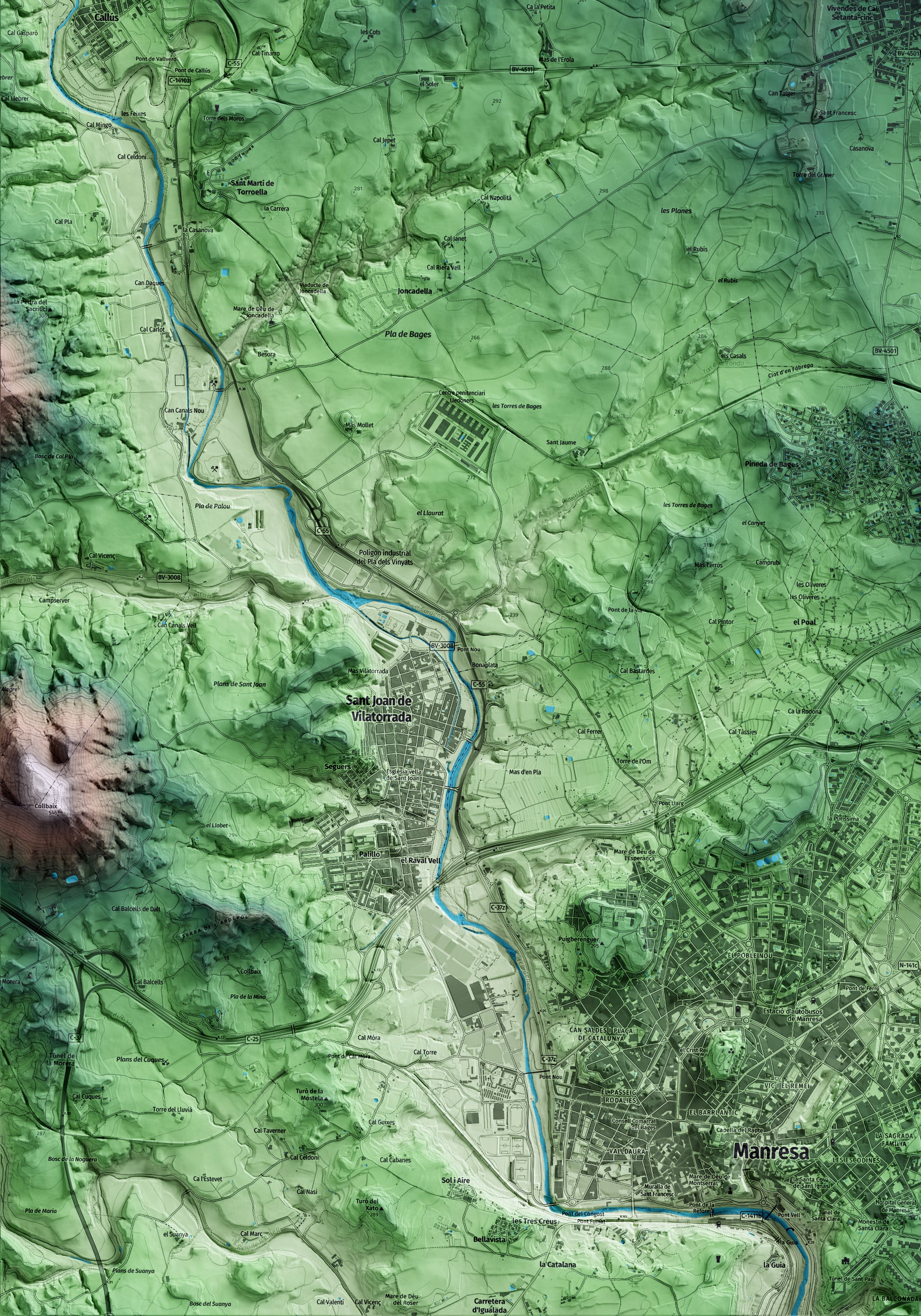Mapa artístico del relieve de Santpedor, al Bages, con 15 km de entorno y base topográfica ICGC. Detalle de la zona inferior izquierda.