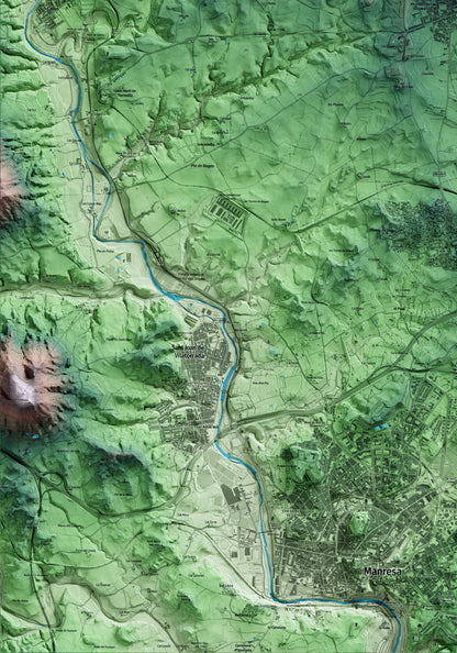 Mapa artístico del relieve de Santpedor, al Bages, con 15 km de entorno y base topográfica ICGC. Detalle de la zona inferior izquierda.