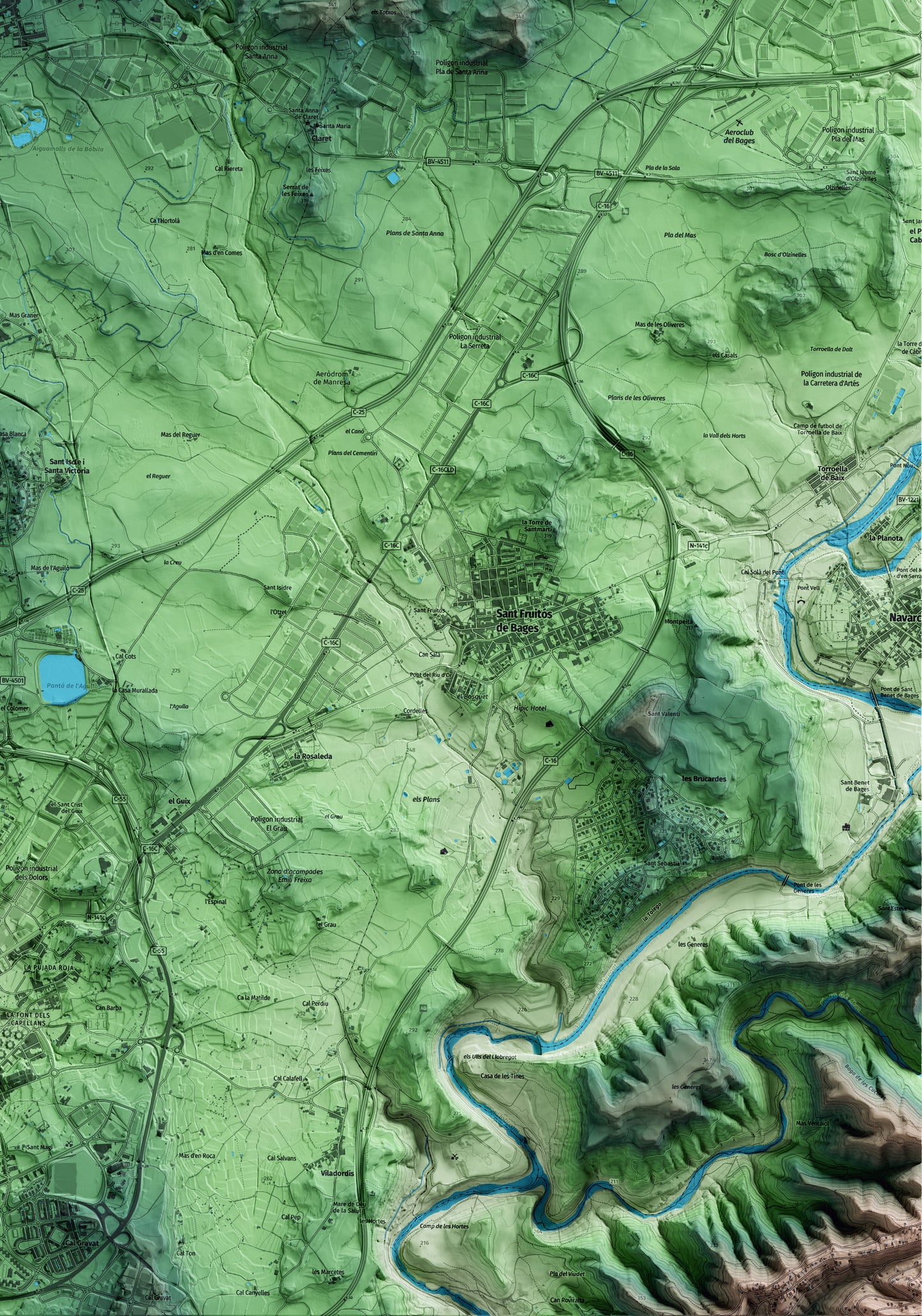 Mapa artístico del relieve de Santpedor, al Bages, con 15 km de entorno y base topográfica ICGC. Detalle de la zona inferior derecha.