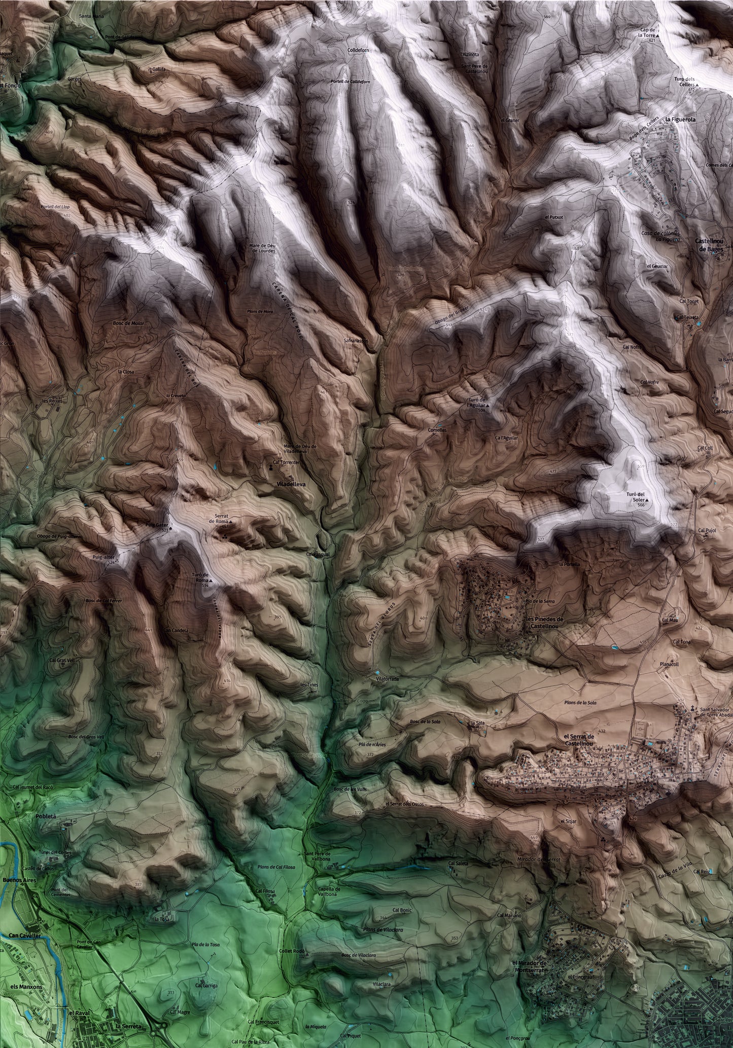 Mapa artístico del relieve de Santpedor, al Bages, con 15 km de entorno y base topográfica ICGC. Detalle de la zona superior izquierda.