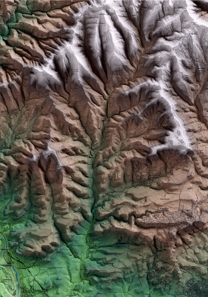 Mapa artístico del relieve de Santpedor, al Bages, con 15 km de entorno y base topográfica ICGC. Detalle de la zona superior izquierda.
